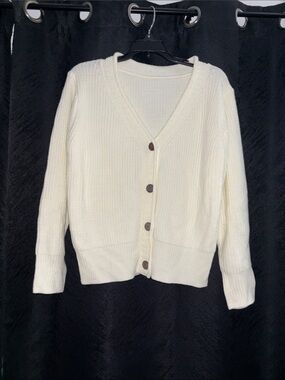 Women's Cream V-Neck Button Cardigan Sweater